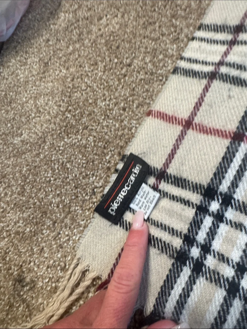 Pierre Cardin Scarf tartan plaid tan/red/black fringe edges